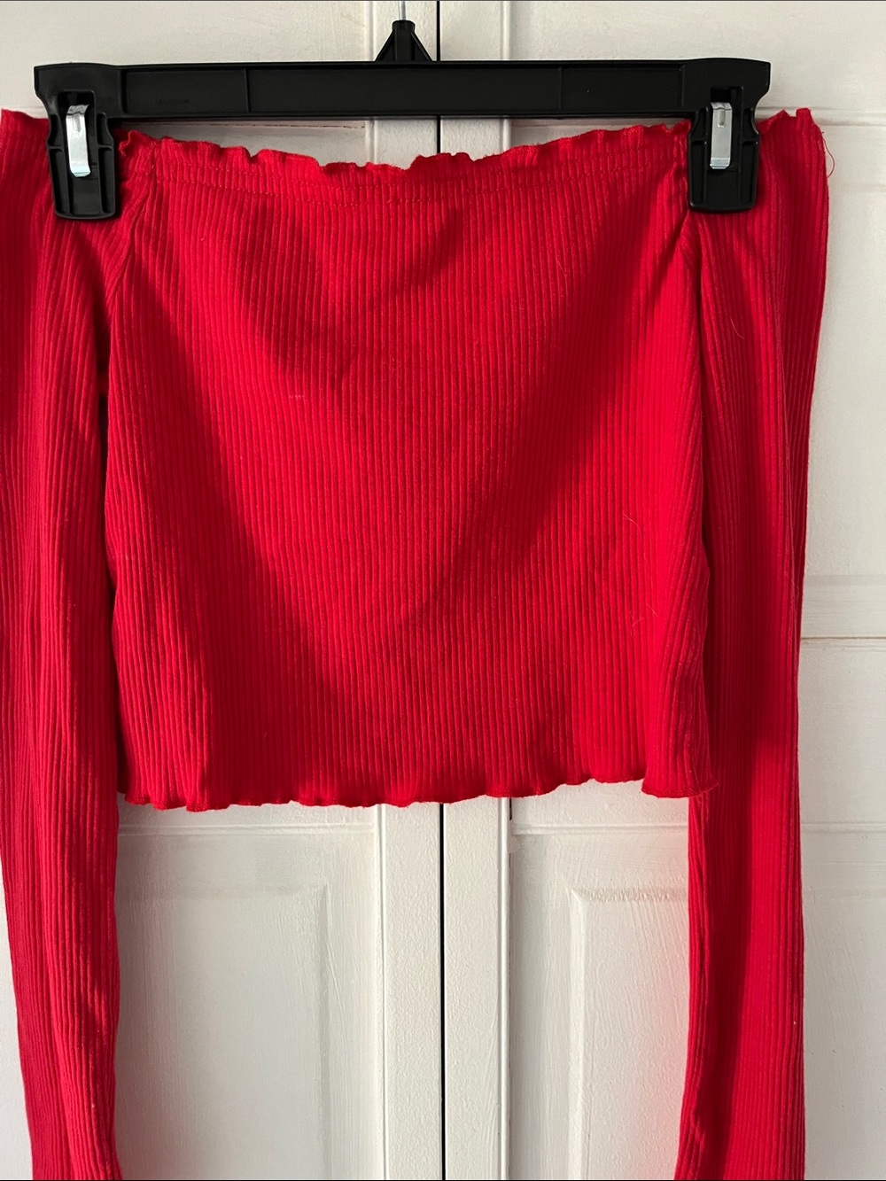 Divided Red Ribbed Off-Shoulder Crop Top